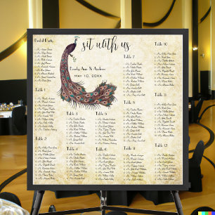 Poster Plan de table de mariage en damas paon 12 tables
