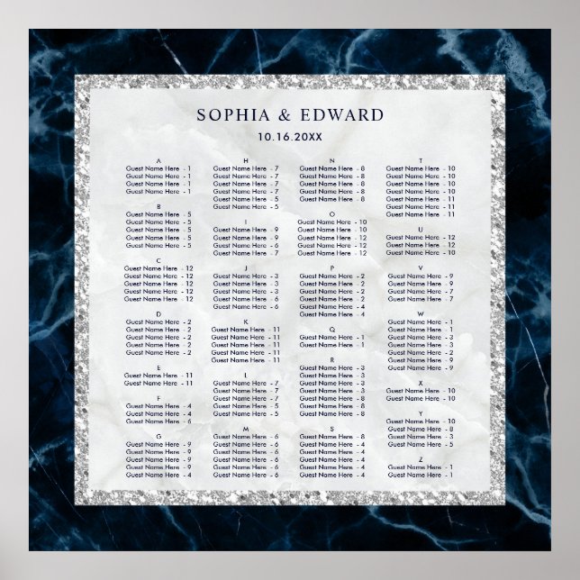 Poster Plan de table de mariage en marbre par ordre alpha (Devant)