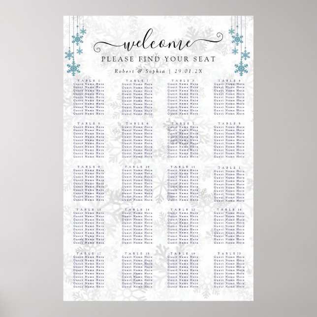 Poster Plan de table de mariage flocon de neige d'hiver (Devant)