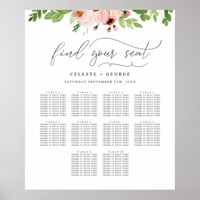 Poster Plan de table de mariage floral aquarelle rose ten (Devant)