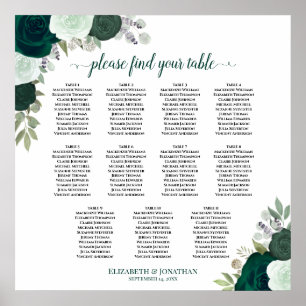 Poster Plan de table de mariage floral émeraude 11 tables
