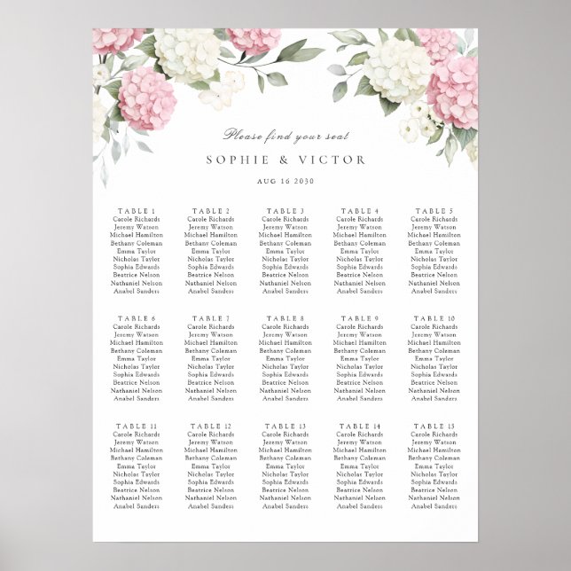 Poster Plan de table de mariage Floral Hydrangea 15 (Devant)