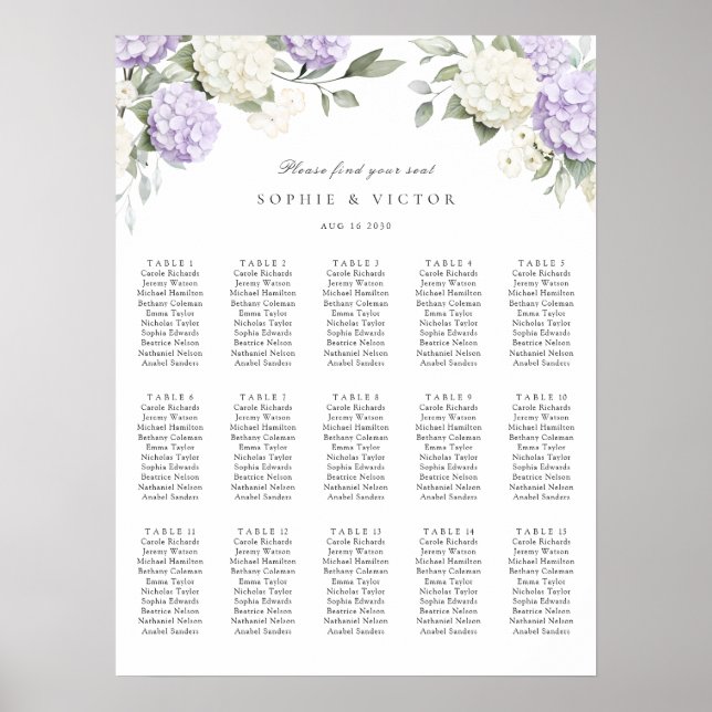 Poster Plan de table de mariage Floral Hydrangea 15 (Devant)