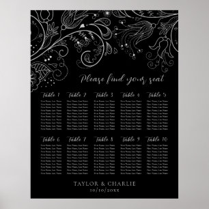 Poster Plan de table de mariage floral noir argenté 10
