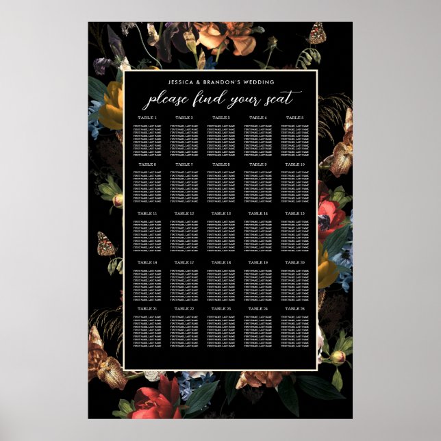 Poster Plan de table de mariage floral romantique sombre  (Devant)