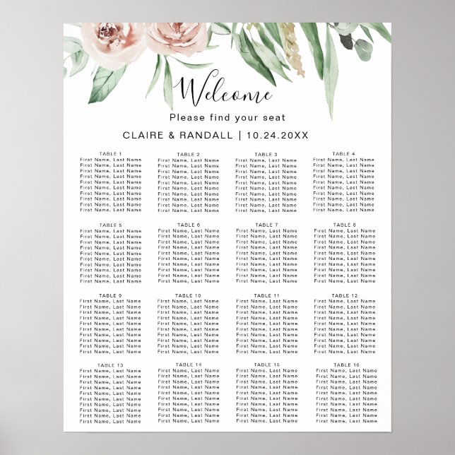 Poster Plan de table de mariage floral rose poudré vert (Devant)