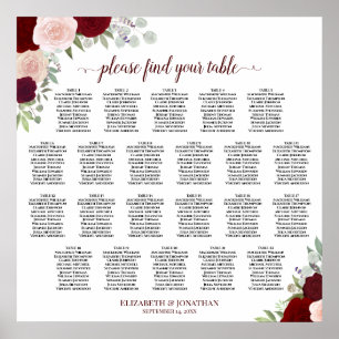 Poster Plan de table de mariage floral rouge et rose pour