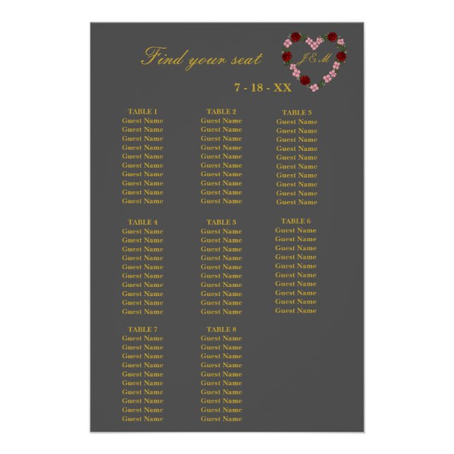 Poster Plan de table de mariage gris 8 tables (Devant)