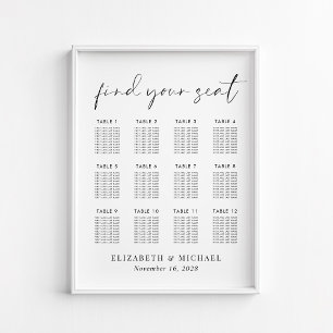 Poster Plan de table de mariage minimaliste pour 12 table