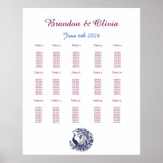 Poster Plan de table de mariage Paon Bleu Royal