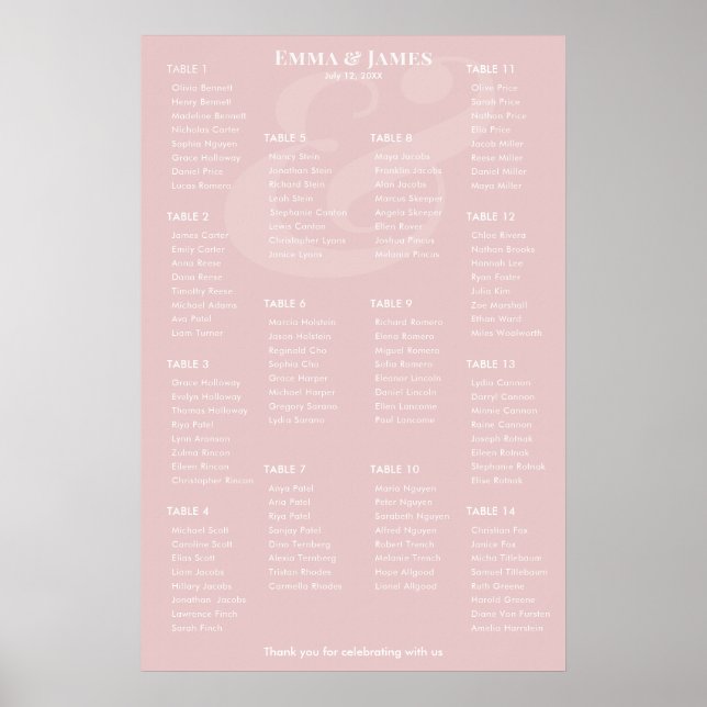 Poster Plan de table de mariage REVERSE Blush Ampersand | (Devant)