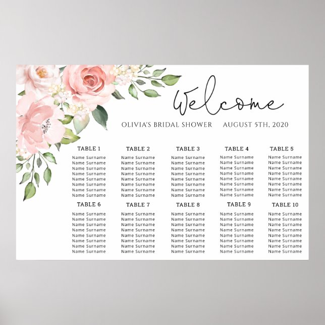 Poster Plan de table de mariage rose poudré floral (Devant)
