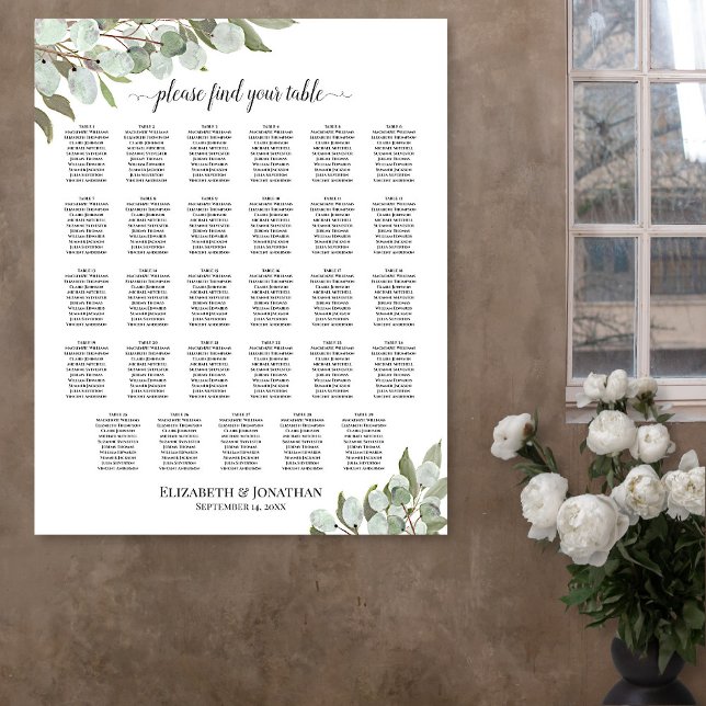 Poster Plan de table de mariage rustique Eucalyptus 29 ta (In Situ on Wall with Flowers)