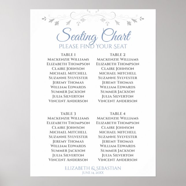 Poster Plan de table de mariage simple 4 tables Bleu & Gr (Devant)