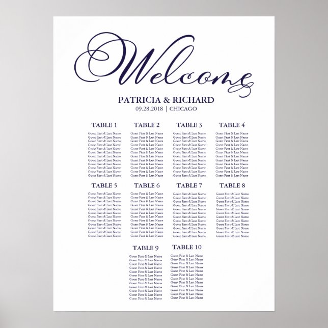 Poster Plan de table de mariage simple avec 10 tables (Devant)