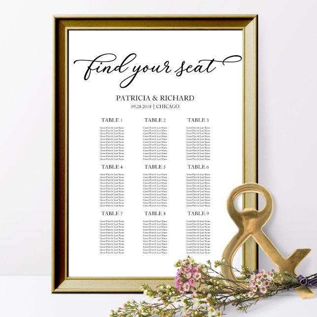 Poster Plan de table de mariage simple et chic avec 9 tab (Créateur téléchargé)