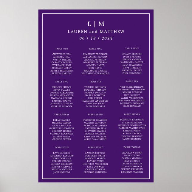 Poster Plan de table de mariage simple monogramme violet (Devant)