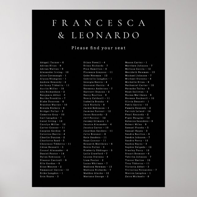 Poster Plan de table de mariage simple noir classique (Devant)