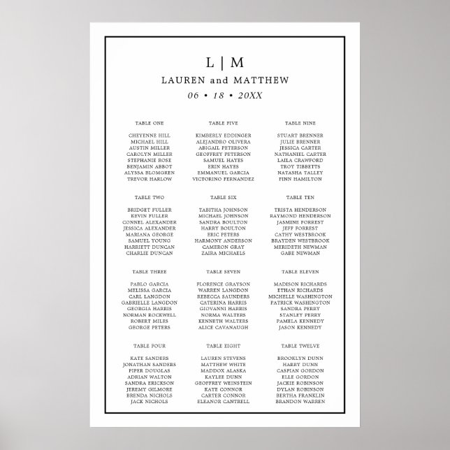 Poster Plan de table de mariage simple noir et blanc (Devant)
