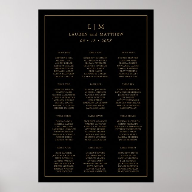 Poster Plan de table de mariage simple noir et or (Devant)