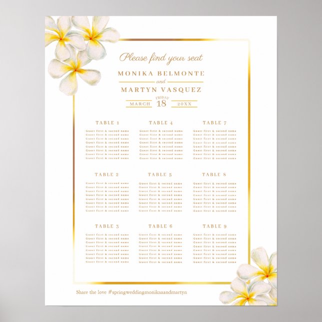 Poster Plan de table de mariage tropical frangipanier bla (Devant)