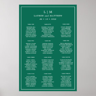 Poster Plan de table de mariage vert émeraude simple