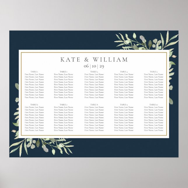 Poster Plan de table de mariage vert Navy Blue Or (Devant)
