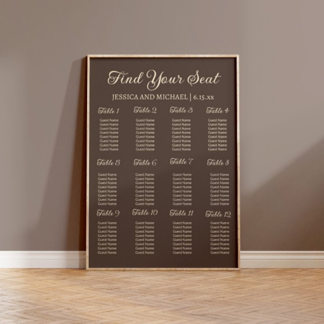 Poster Plan de table de réception de mariage marron (Elegant brown wedding seating chart)