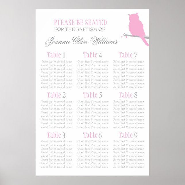 Poster Plan de table d'événement en gris rose Chouette 1- (Devant)