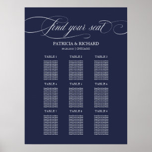 Poster Plan de table élégant mariage bleu marine 9 tables