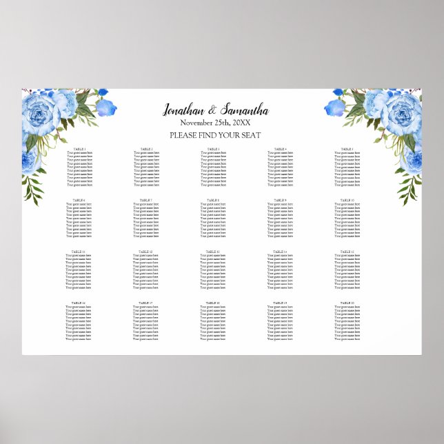 Poster Plan de table Fleurs Bleues 20 tables Mariage (Devant)