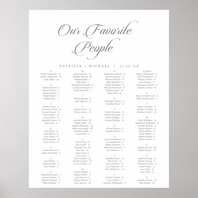 Poster Plan de table imprimable calligraphié chic classiq (Devant)