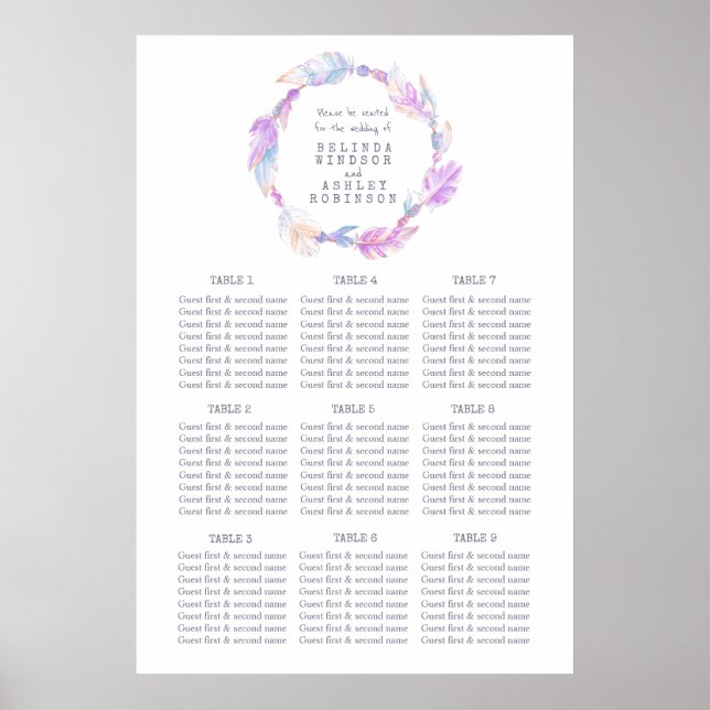 Poster Plan de table mariage en plume violet (Devant)