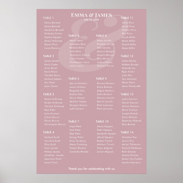 Poster Plan de table Mariage Mauve inversé Ampersand | 14 (Devant)