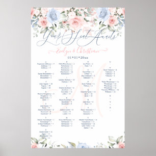 Poster Plan de table Monogram Blush & Dusty Blue Roses