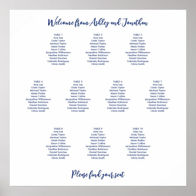 Poster Plan de table simple 10 Dark Blue (Devant)