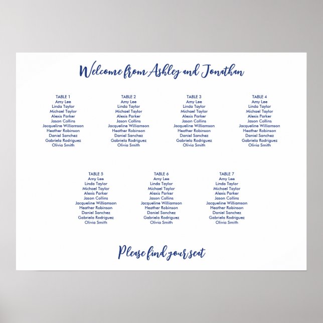Poster Plan de table simple 7 tables bleu foncé (Devant)