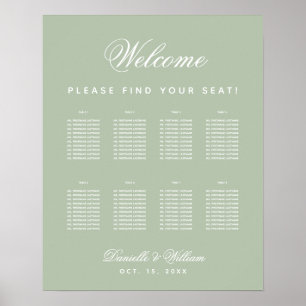 Poster Plan de table simple mariage vert sauge 8 tables