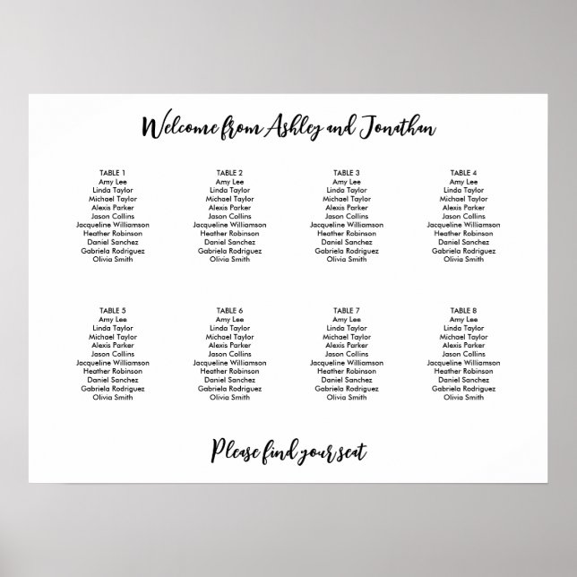 Poster Plan de table simple moderne pour 8 tables (Devant)