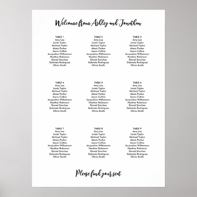 Poster Plan de table simple moderne pour 9 tables (Devant)
