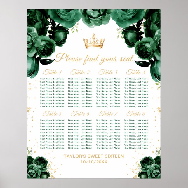 Poster Plan de table Sweet Sixteen de la Princesse Verte (Devant)