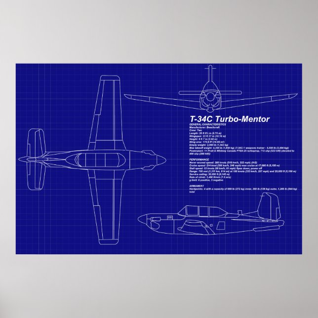 Poster Plan directeur de l'avion | T-34 C Mentor (Devant)