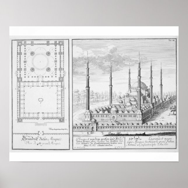 Poster Plan et vue sur la Mosquée Bleue (1609-16), constr (Devant)