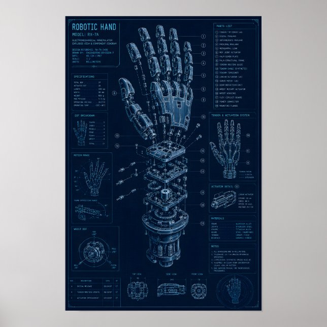 Poster Plan technique de main robotique (Devant)