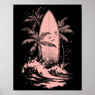 Poster Planche de surf aquarelle surf plage palmiers