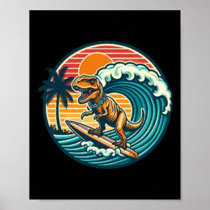 Poster Planche de surf dinosaure drôle plage été surfant 