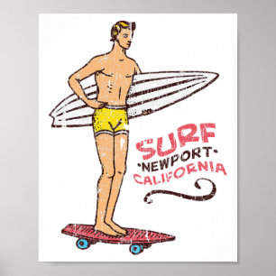 Poster Planche de surf vintage rétro Newport Beach Surf d