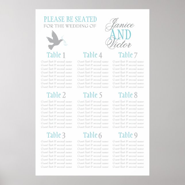Poster Planche gris aqua bleu mariage plan de table assis (Devant)