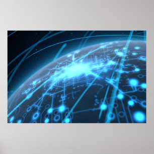 Poster Planète Avec Réseau Illuminé Et Voies Légères