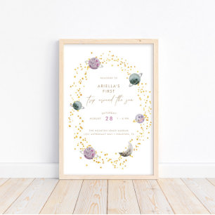 Poster Planètes spatiales - Girls Gold 1er anniversaire
